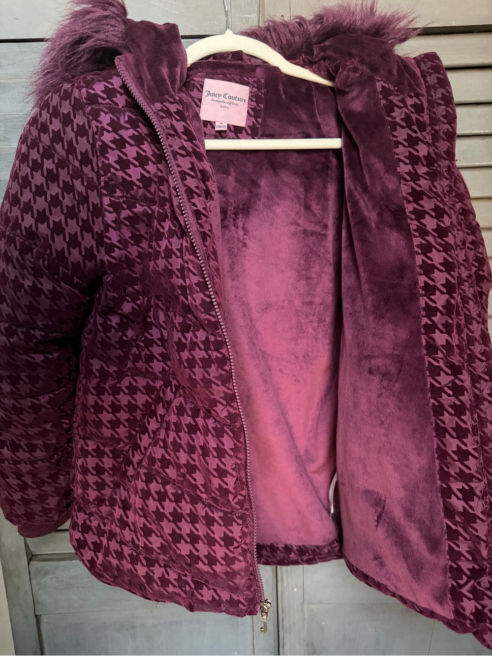 Girl's Burgundy Houndstooth Puffer Jacket with Faux Fur Trim | Size 10/12 - Picture 3 of 10